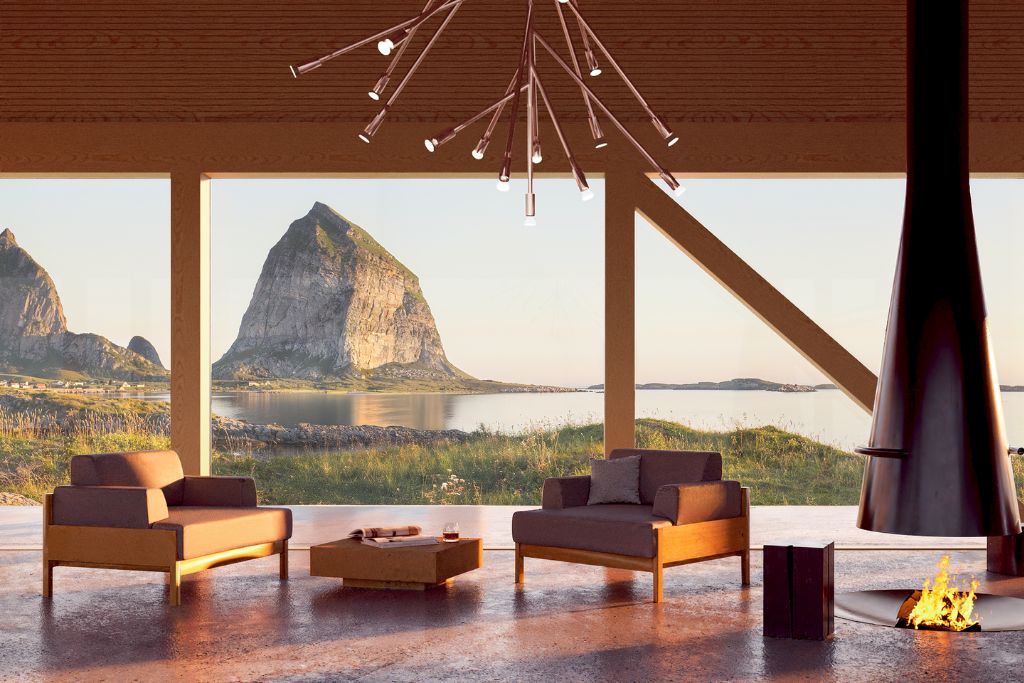 ytri lounge with fireplace and lake views