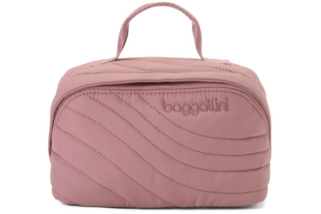 pink accordion makeup bag with stitching accents
