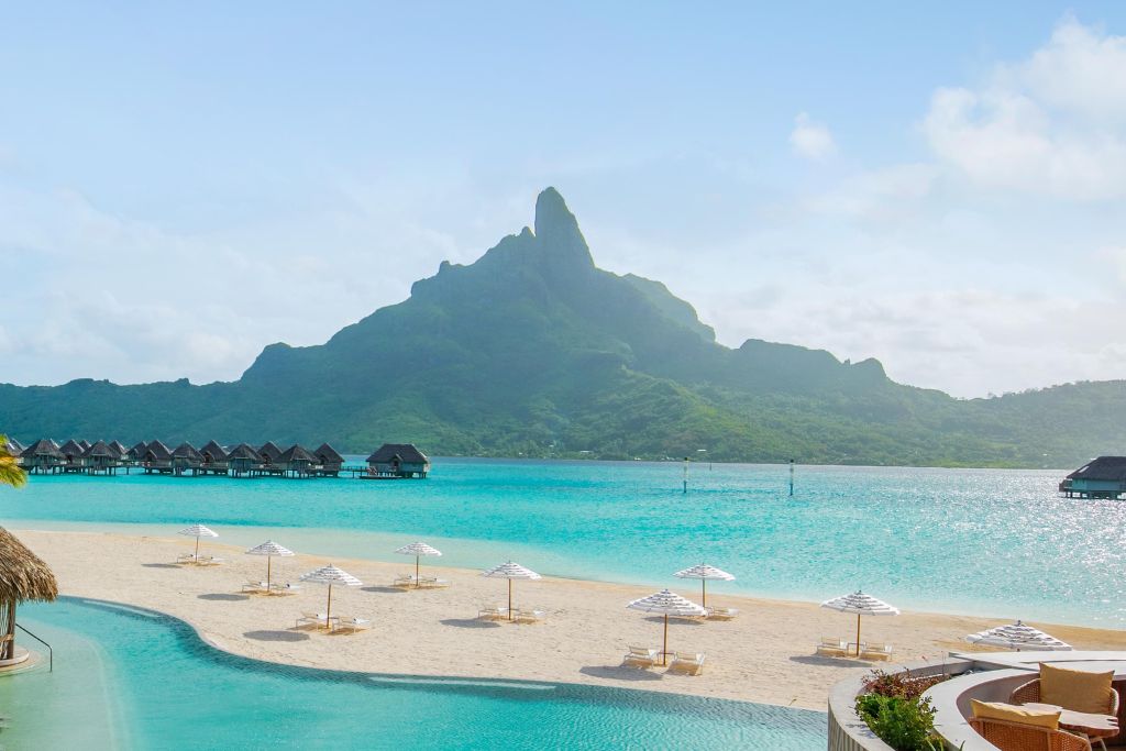 mount otemanu in the distance of westin bora bora bungalows